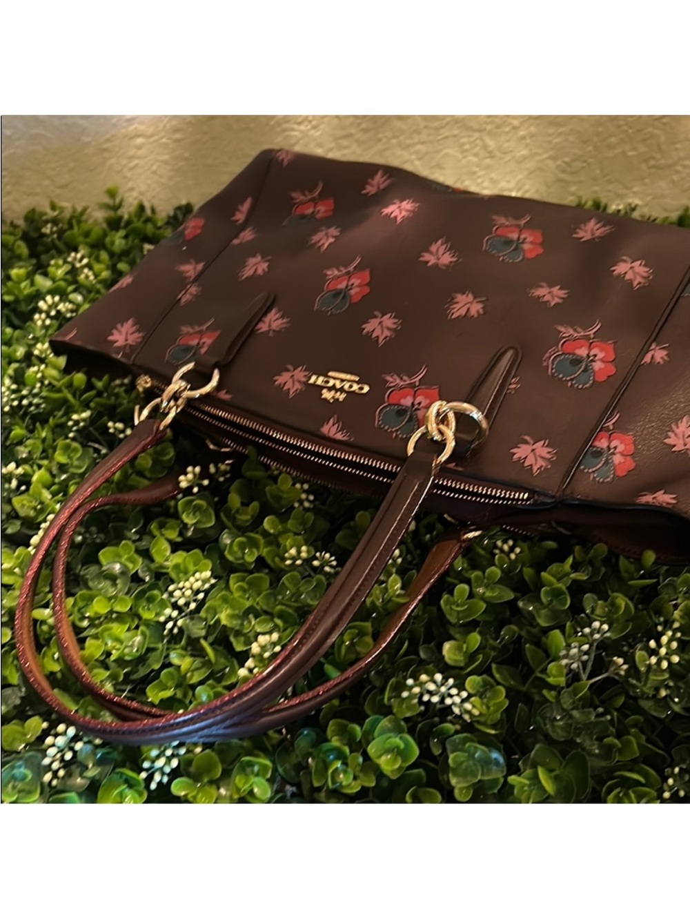 Coach Christie Floral Leather Shoulder Tote with Pink & Red Flowers - Picture 9 of 9